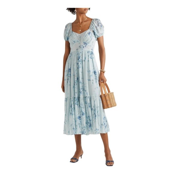 LoveShackFancy Angie Midi-dress Celestia Floral Print Silk-Geogette Gathered - Picture 2 of 14